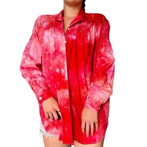 1990s Ice Dye Bright Pink Cotton Blouse Reworked Lace Trim Button Up Top